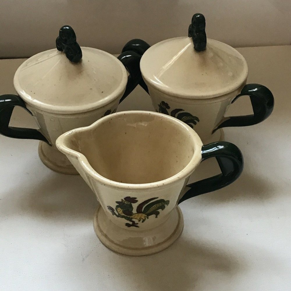 3 Metlox California Provincial "Poppy Trail" Green Rooster Cream ,Sugar & Coffee